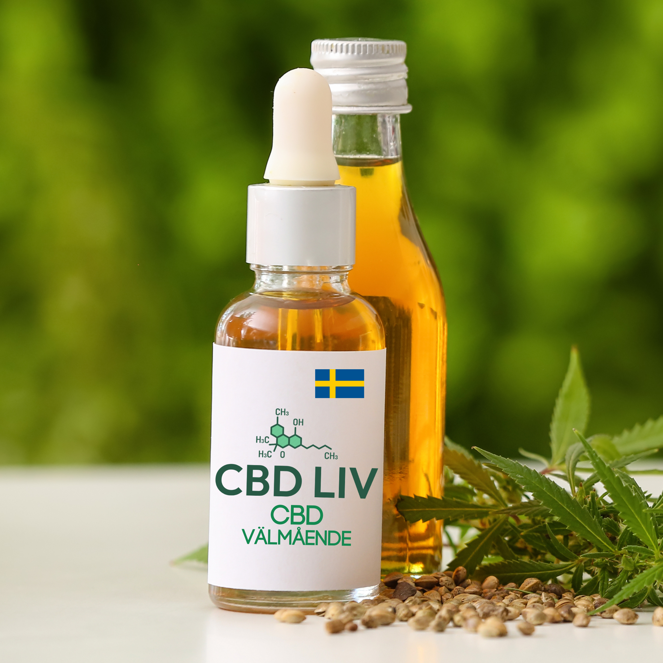 CBD Liv olja-flaska — närbild på etiketten