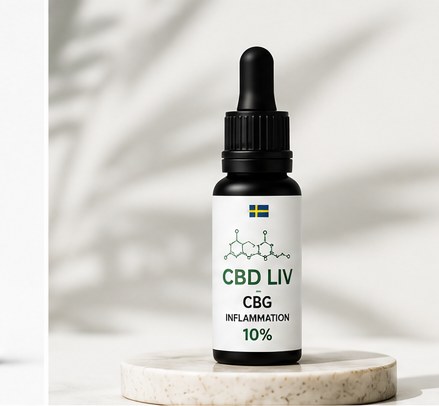 CBG Olja 10% Inflammation på stenpodium med palmbladskugga