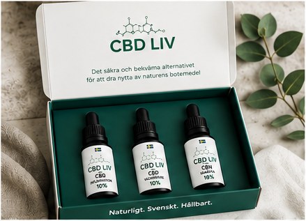 Öppen presentförpackning med tre CBD Liv-oljor — Naturligt, Svenskt, Hållbart